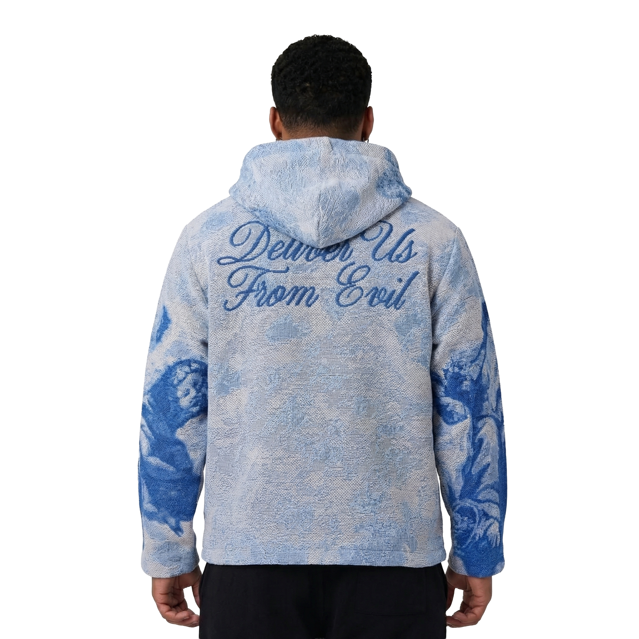WATSON DELIVER US FROM EVIL LIGHT BLUE TAPESTRY HOODIE – Watson Luxe