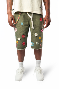 WATSON CROCHET FLOWER JADE DENIM SHORTS