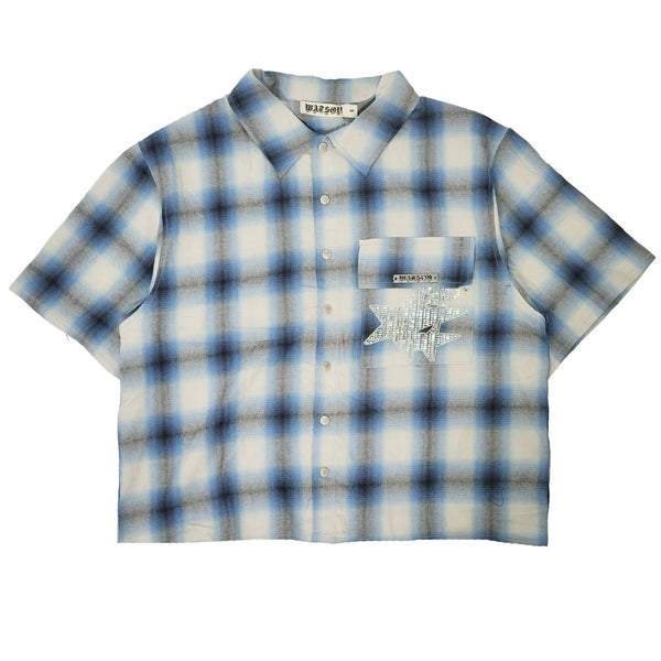 CREAM STAR CRYSTAL EMBROIDERED FLOWER SHORT SLEEVE FLANNEL (BROWN)