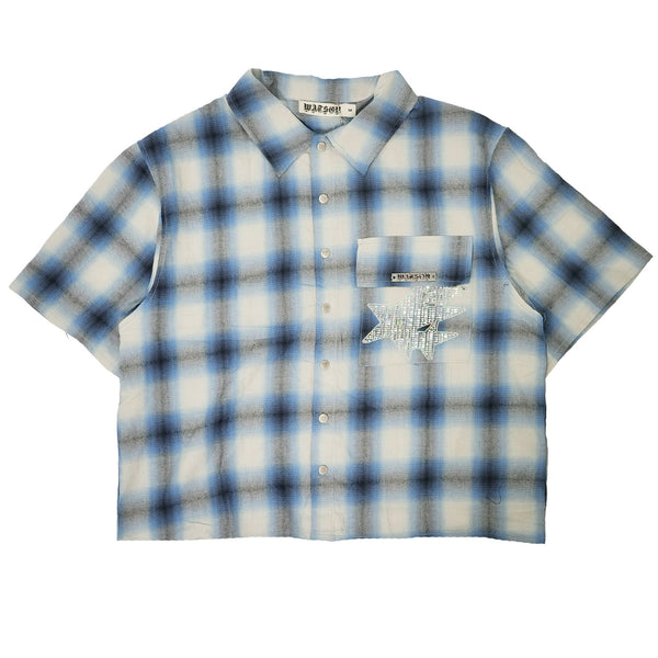 CREAM STAR CRYSTAL EMBROIDERED FLOWER SHORT SLEEVE FLANNEL SHIRT (BLUE)
