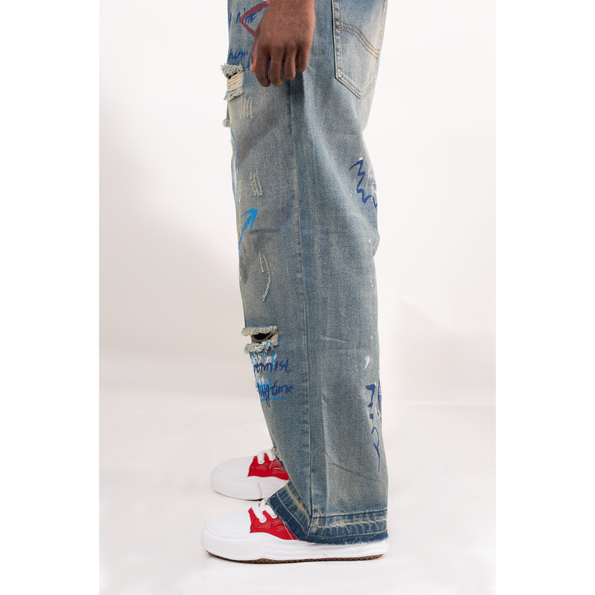 BAGGY BLUE SPRAY PAINT WATSON DENIM PANTS