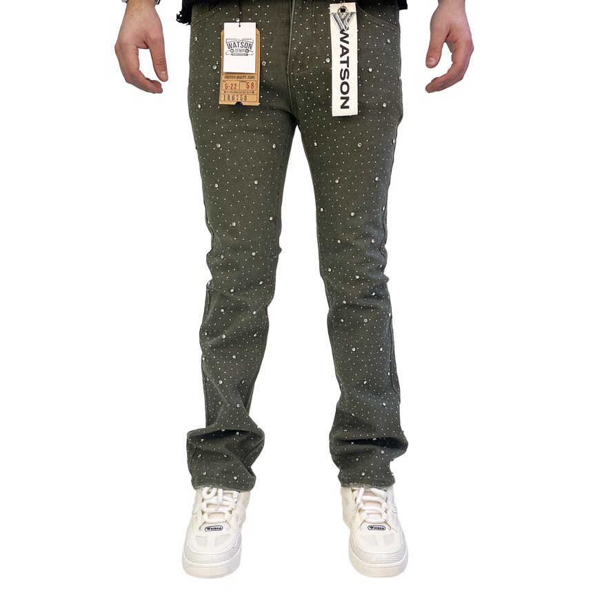 GREEN EMBELLISHED RHINESTONE CRYSTAL WATSON DENIM