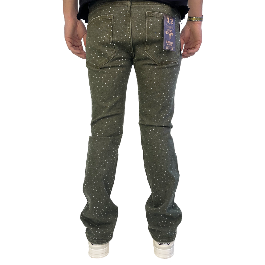 GREEN EMBELLISHED RHINESTONE CRYSTAL WATSON DENIM