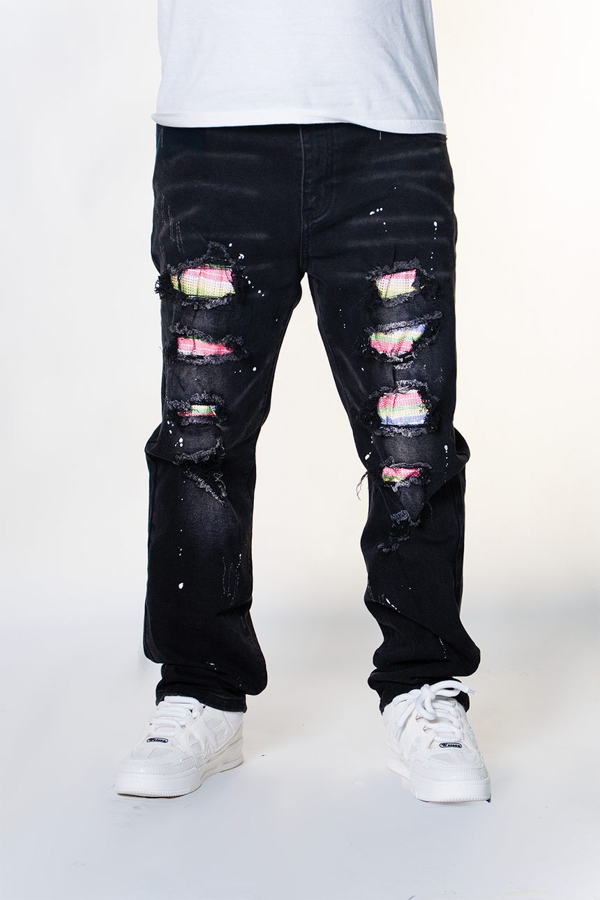 BLACK DISTRESSED MULTI RIP WATSON DENIM