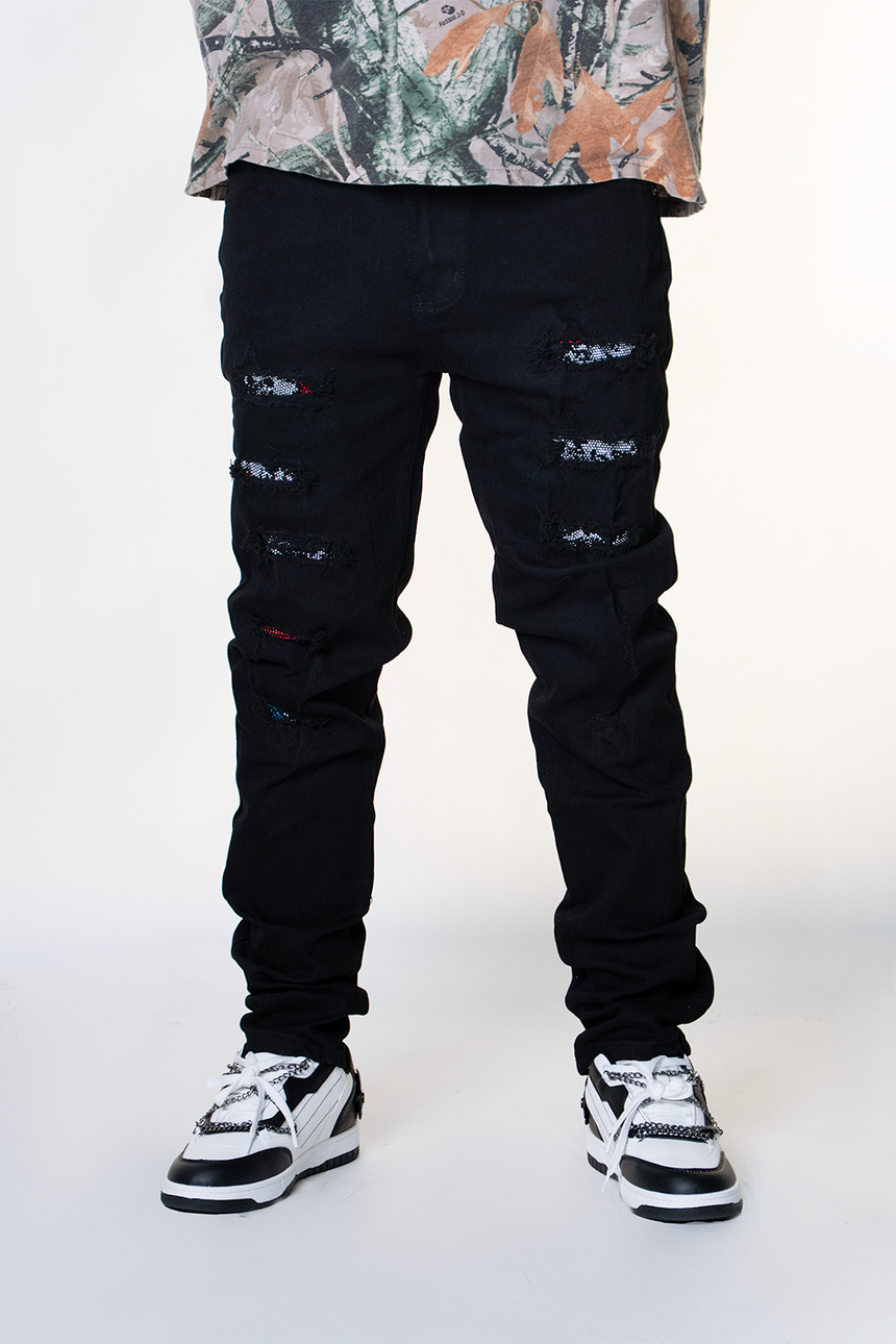 BLACK EMBELLISHED MULTI RIPPED WATSON DENIM
