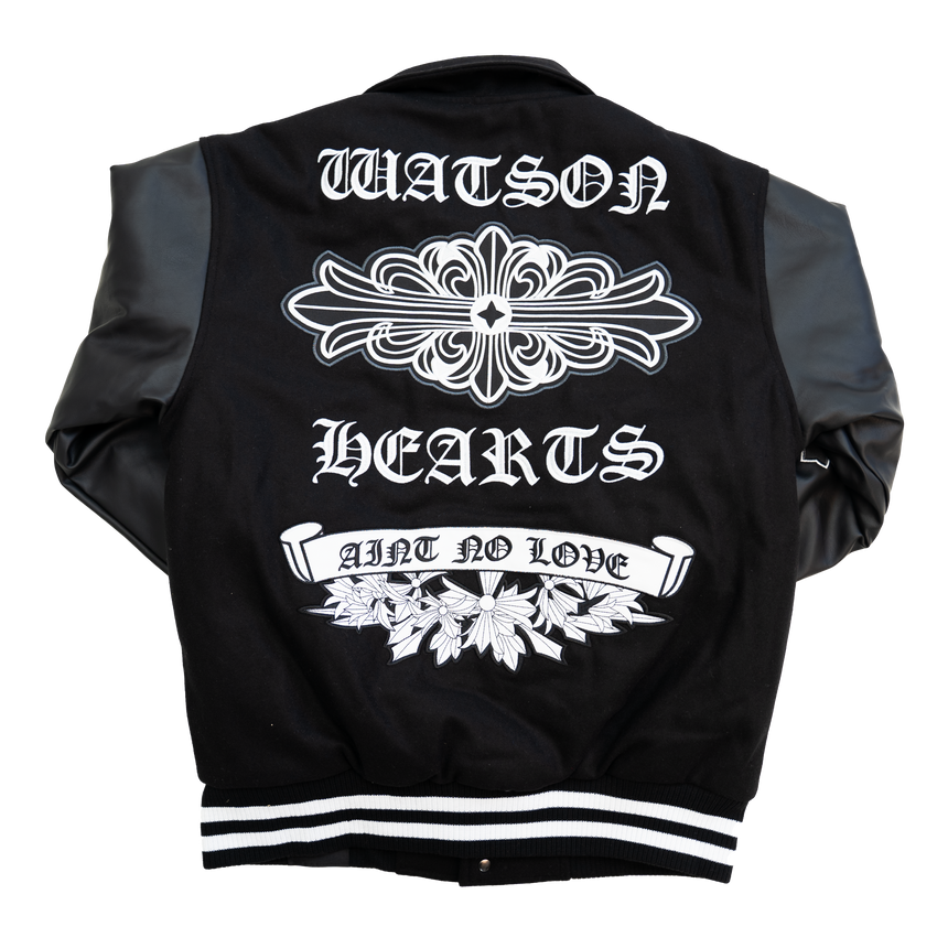 WATSON HEARTS AIN'T NO LOVE VARSITY JACKET (BLACK)