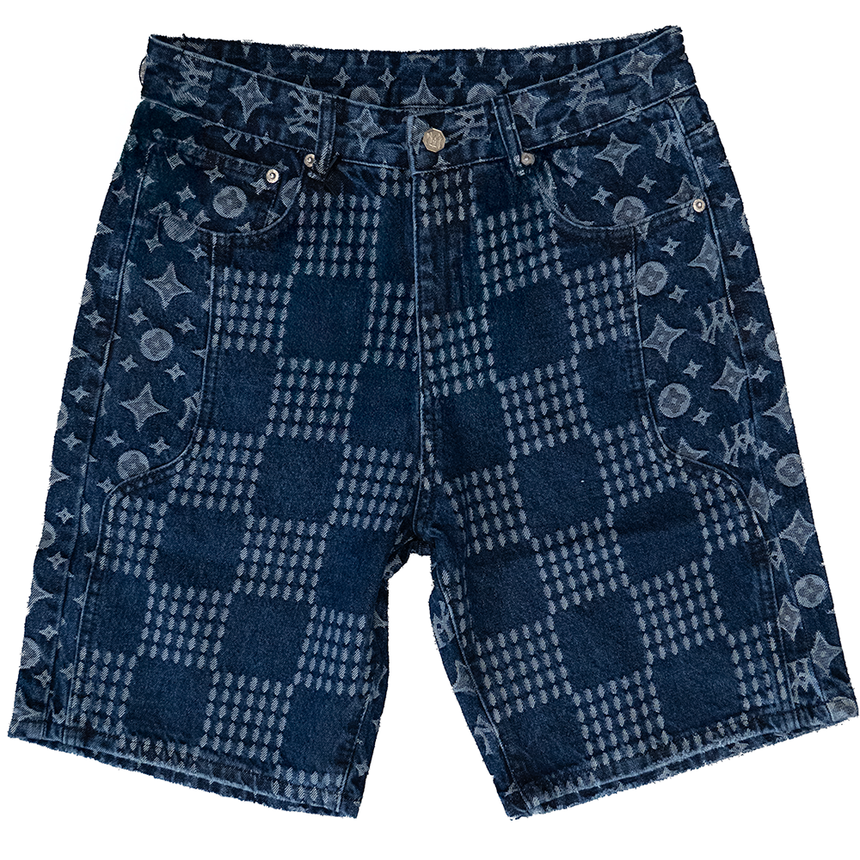 WATSON MONOGRAM MULTI PATTERN LIGHT WASH SHORTS (BLUE)